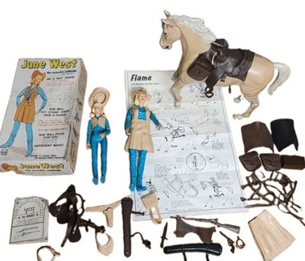 Vintage Marx Jane & Josie West With Accessories Box, Horse Flame Articulated